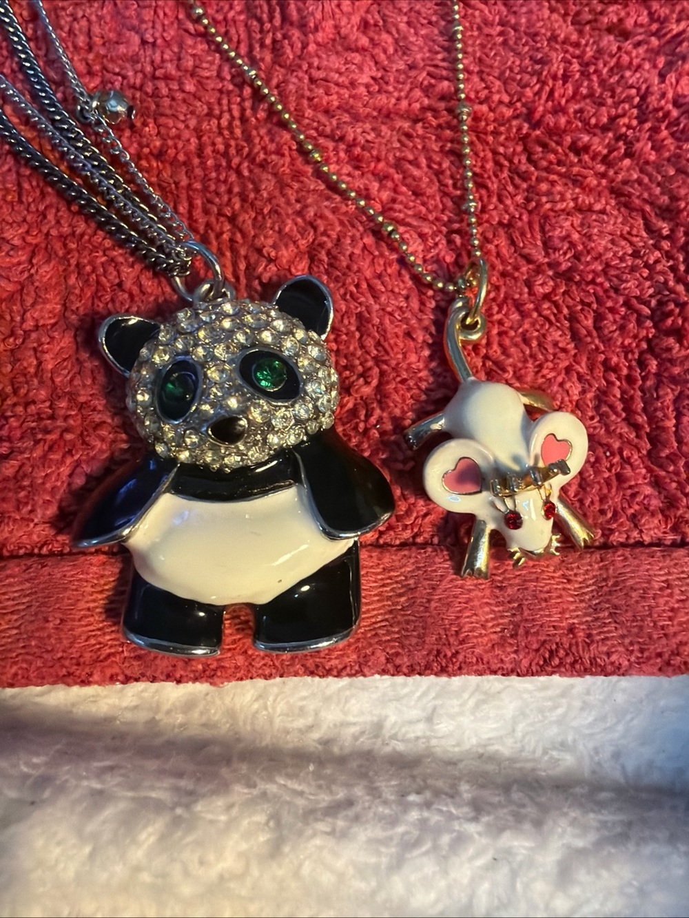 Betsey Johnson rare  Panda and Mouse Pendant Necklaces - Black, White & Pink 24”